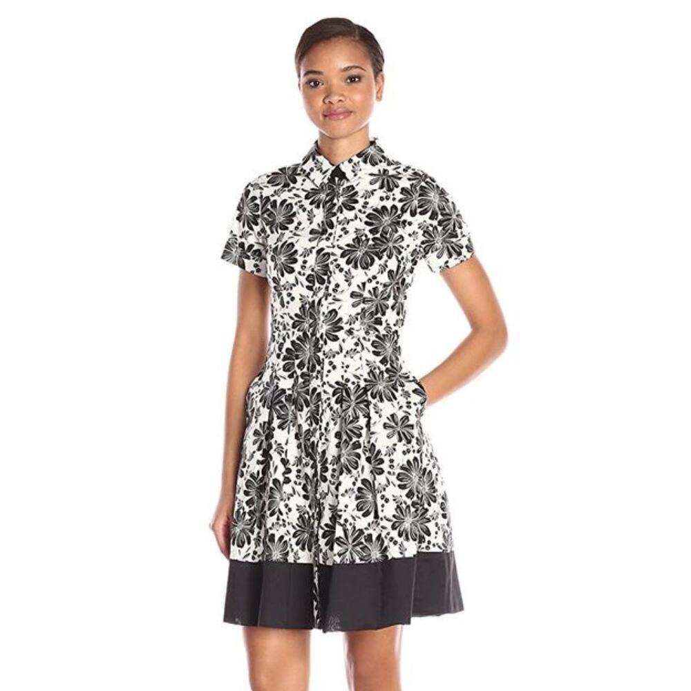 Shoshanna Black White Floral Button Down Short Sleeve Dress Sz 6